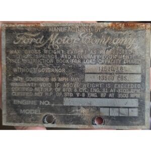 Vintage 1942 Ford Truck 1/2 Ton Original Data Plate Metal Tag Patina